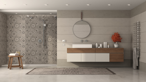 banheiro moderno com chuveiro e lavabasina