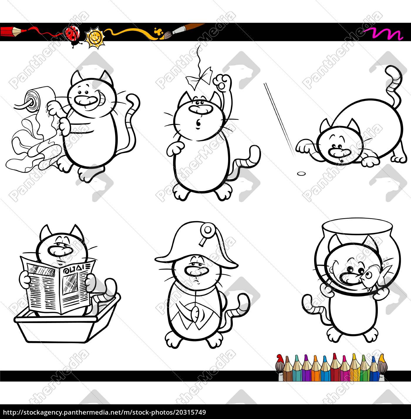 Gatos e gatinhos dos desenhos animados, conjunto de personagens de  quadrinhos para colorir página