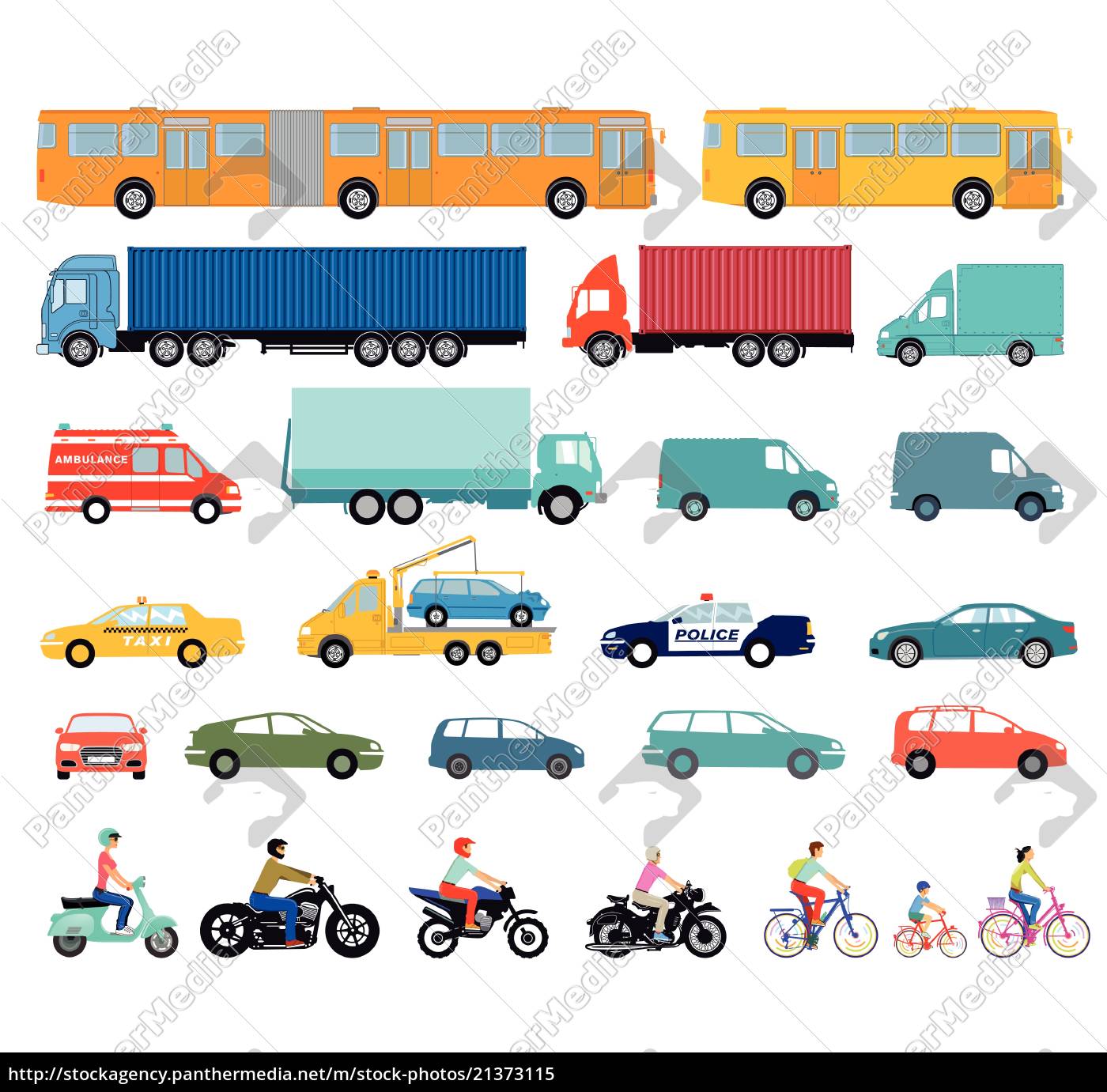 Conjunto de veículo. carro, moto, ônibus e caminhão