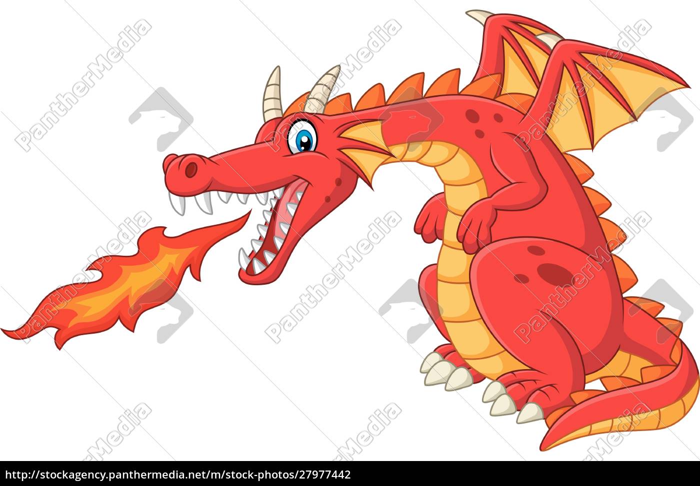 Desenho animado dragão vermelho cuspindo fogo - Stockphoto