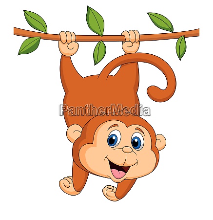 Macaco de bebê dos desenhos animados, pendurado em um galho de árvore